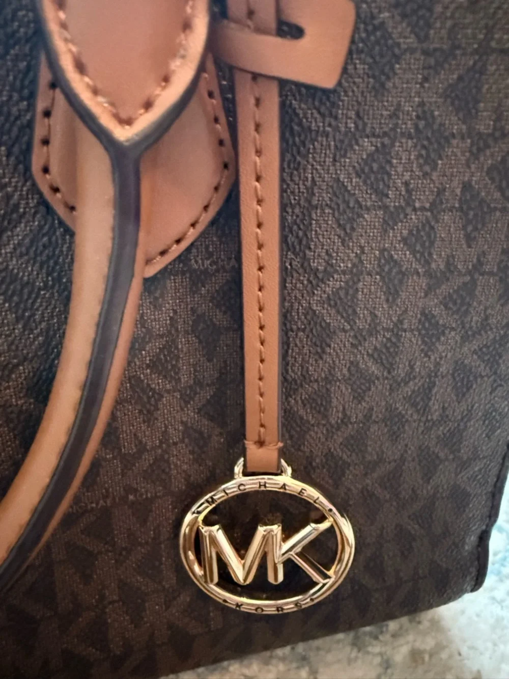 Michael Kors Brown Logo Satchel with Tan Trim and Gold Charm - Picture 5 of 8